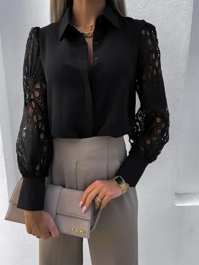 Women Elegant Solid Color Lapel Hollow-Out Lace Stitching Long-Sleeve Blouse
