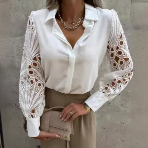 Women Elegant Solid Color Lapel Hollow-Out Lace Stitching Long-Sleeve Blouse