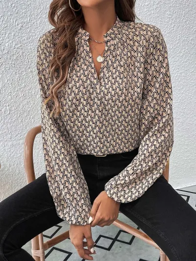 Women Casual Printed V-Neck Long Puff Sleeve Blouse