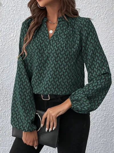 Women Casual Printed V-Neck Long Puff Sleeve Blouse