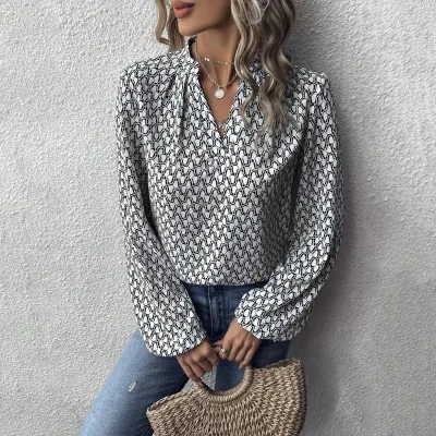 Women Casual Printed V-Neck Long Puff Sleeve Blouse