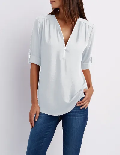 Women Casual Chiffon V-Neck Zipper Blouse