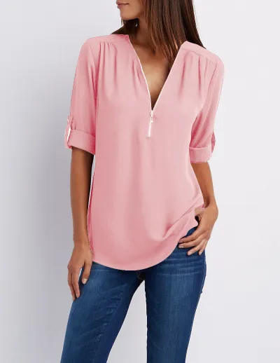Women Casual Chiffon V-Neck Zipper Blouse