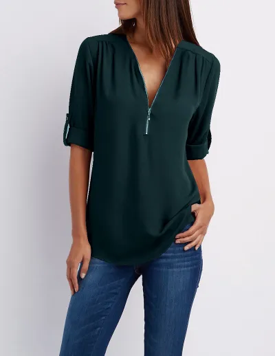 Women Casual Chiffon V-Neck Zipper Blouse