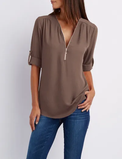 Women Casual Chiffon V-Neck Zipper Blouse