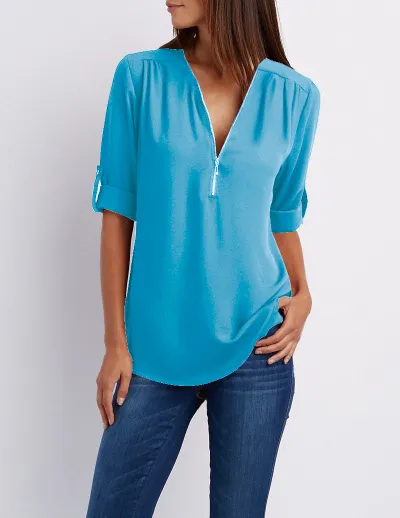 Women Casual Chiffon V-Neck Zipper Blouse