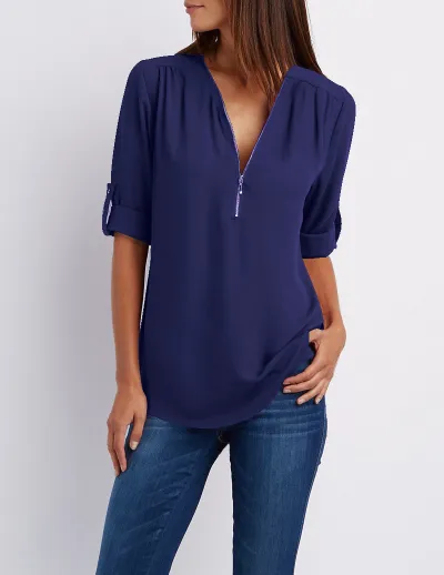 Women Casual Chiffon V-Neck Zipper Blouse