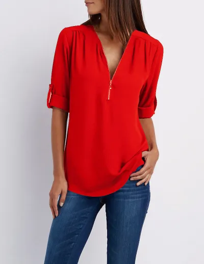 Women Casual Chiffon V-Neck Zipper Blouse