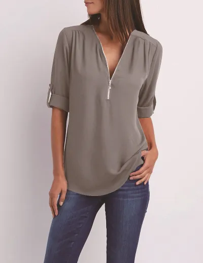 Women Casual Chiffon V-Neck Zipper Blouse