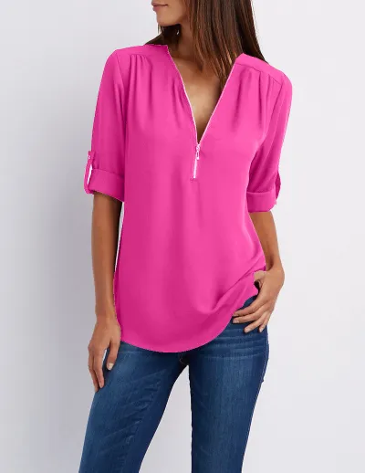 Women Casual Chiffon V-Neck Zipper Blouse