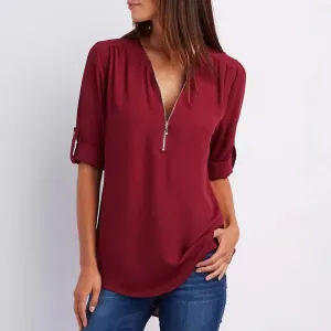 Women Casual Chiffon V-Neck Zipper Blouse