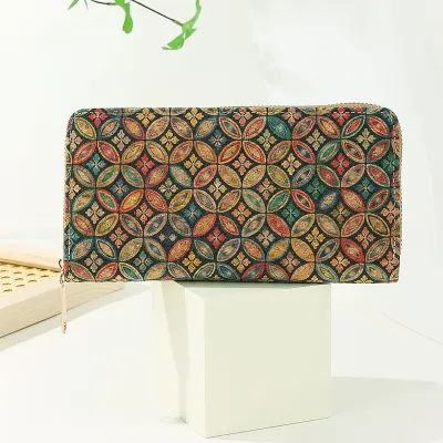 Women Fashion Retro Cork Grain Bark Zipper Wallet