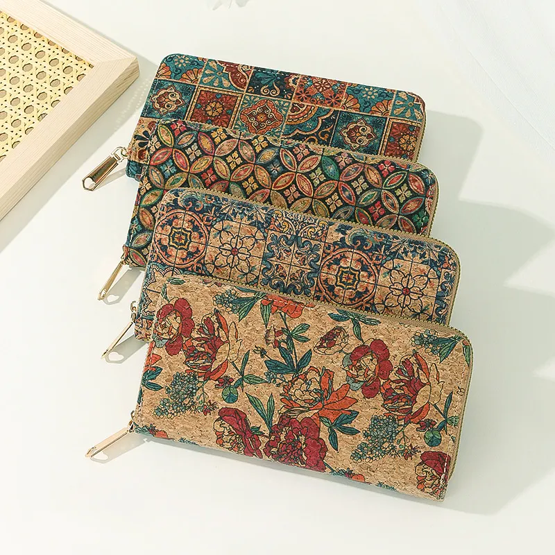Women Fashion Retro Cork Grain Bark Zipper Wallet