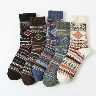 Men Fashion Casual Autumn And Winter Thick Needle Large Square Mid-Calf Cotton Socks 5pair-Set
