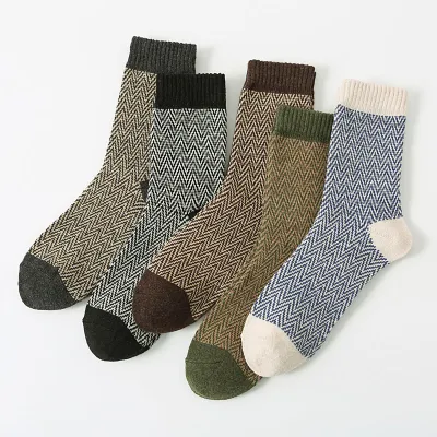 Men Fashion Casual Autumn And Winter Thick Needle Large Square Mid-Calf Cotton Socks 5pair-Set