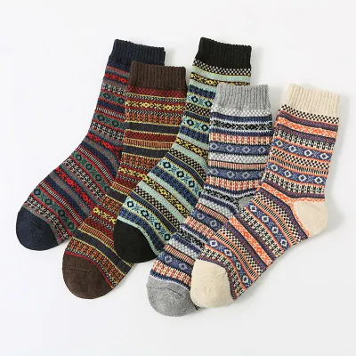 Men Fashion Casual Autumn And Winter Thick Needle Large Square Mid-Calf Cotton Socks 5pair-Set