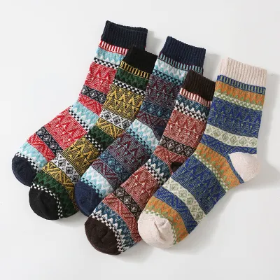 Men Fashion Casual Autumn And Winter Thick Needle Large Square Mid-Calf Cotton Socks 5pair-Set