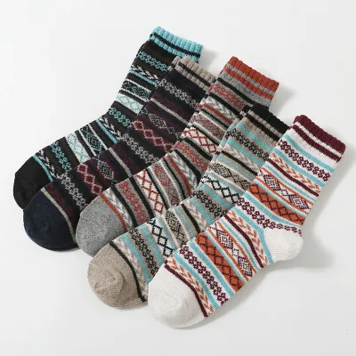 Men Fashion Casual Autumn And Winter Thick Needle Large Square Mid-Calf Cotton Socks 5pair-Set