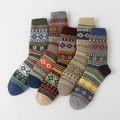 Men Fashion Casual Autumn And Winter Thick Needle Large Square Mid-Calf Cotton Socks 5pair-Set