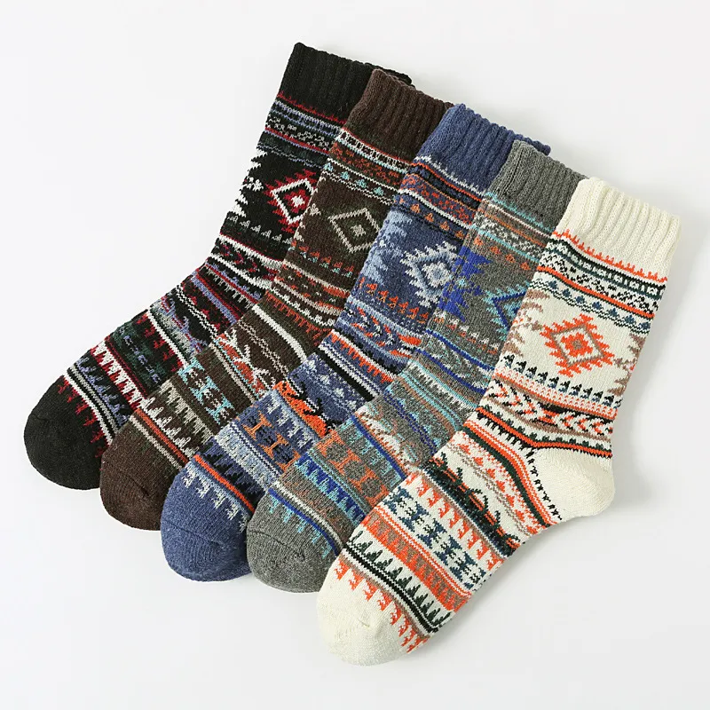 Men Fashion Casual Autumn And Winter Thick Needle Large Square Mid-Calf Cotton Socks 5pair-Set