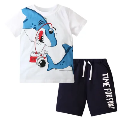 Kids Boys Fashion Casual Printed Short-Sleeve T-Shirt and Loose Bermuda Shorts Two-Piece Cotton Set