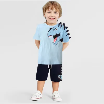 Kids Boys Fashion Casual Printed Short-Sleeve T-Shirt and Loose Bermuda Shorts Two-Piece Cotton Set