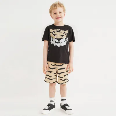 Kids Boys Fashion Casual Printed Short-Sleeve T-Shirt and Loose Bermuda Shorts Two-Piece Cotton Set