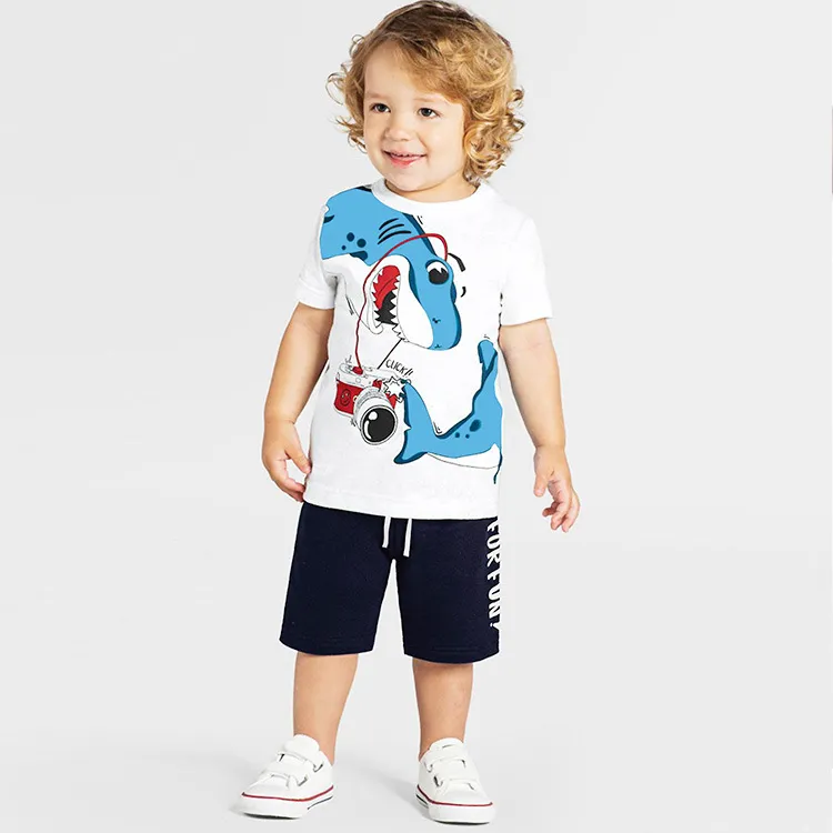 Kids Boys Fashion Casual Printed Short-Sleeve T-Shirt and Loose Bermuda Shorts Two-Piece Cotton Set