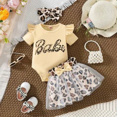 Kids Baby Girls Fashion Cute Printed Double-Layer Flying Sleeve Rompers Leopard Mesh Skirts Two-Piece Set