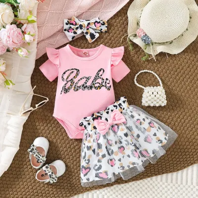 Kids Baby Girls Fashion Cute Printed Double-Layer Flying Sleeve Rompers Leopard Mesh Skirts Two-Piece Set