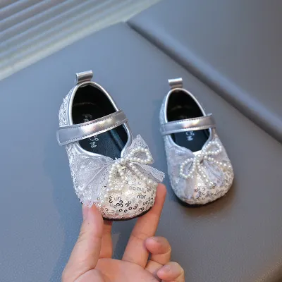 Kids Girls Fashion Pearl Bowknot Microfiber Leather Shoes Low Top