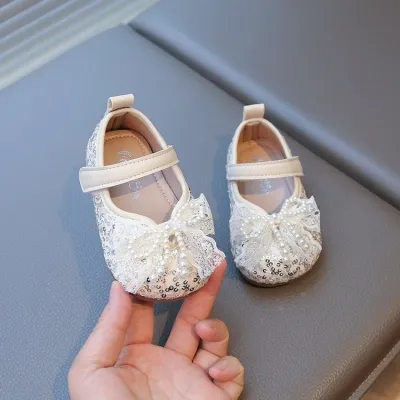 Kids Girls Fashion Pearl Bowknot Microfiber Leather Shoes Low Top