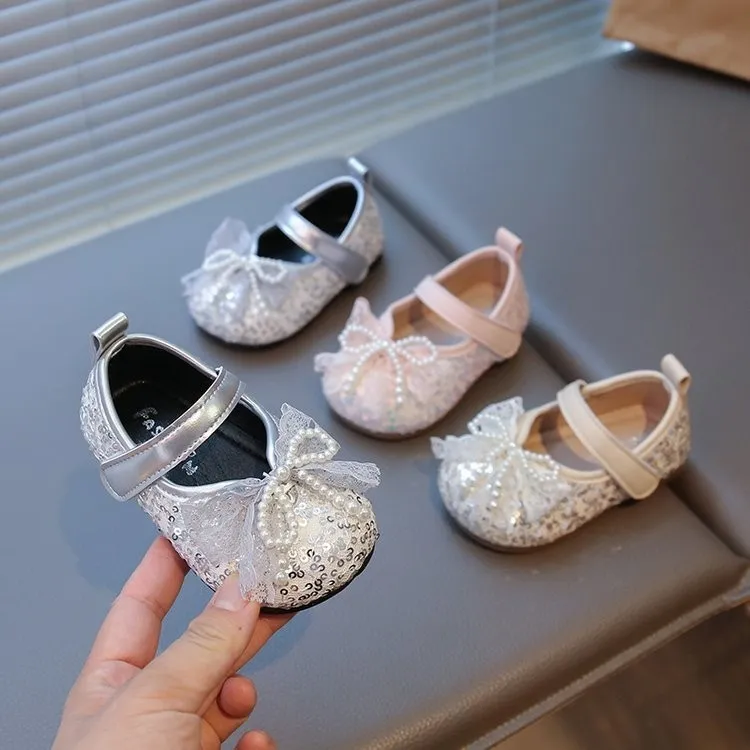 Kids Girls Fashion Pearl Bowknot Microfiber Leather Shoes Low Top