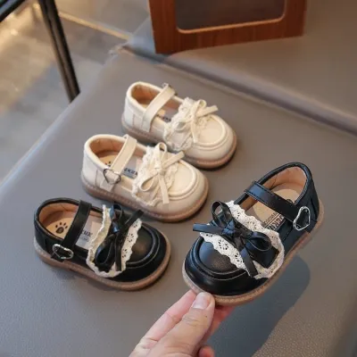Kids Girls Fashion Elegant Lace Bowknot Soft Sole Non-Slip Leather Shoes