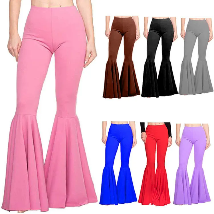 Women Fashion Casual Solid Color High Waist Slim-Fit Stretch Flared Pants