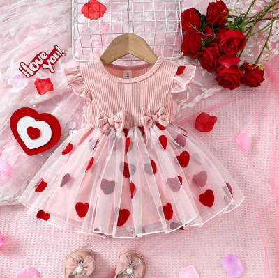 Kids Baby Girl Fashion Cute Love Printed Short Sleeve Mesh Dress