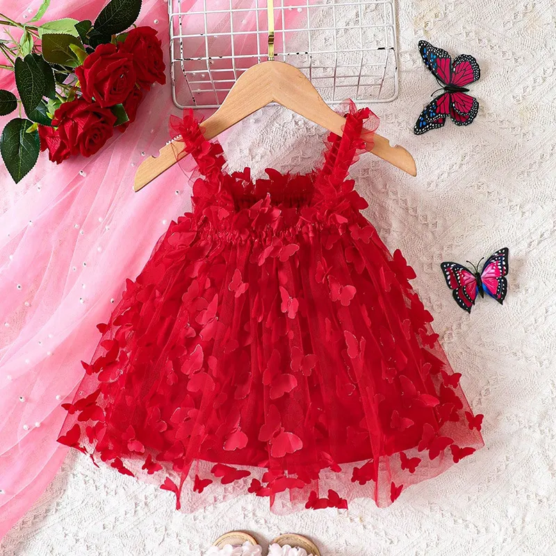 Kids Baby Girl Fashion Solid Color Butterfly Decoration Sleeveless Sling Dress Polyester