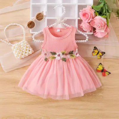 Kids Baby Girls Fashion Cute Floral Stitching Sleeveless Mesh Dress