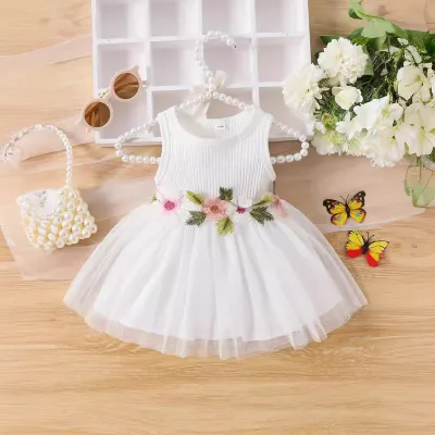 Kids Baby Girls Fashion Cute Floral Stitching Sleeveless Mesh Dress