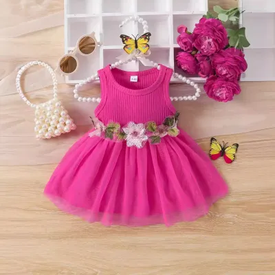 Kids Baby Girls Fashion Cute Floral Stitching Sleeveless Mesh Dress