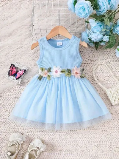 Kids Baby Girls Fashion Cute Floral Stitching Sleeveless Mesh Dress