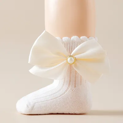 Kids Baby Girl Fashion Solid Color Cotton Lace Bowknot Mid-Calf Socks