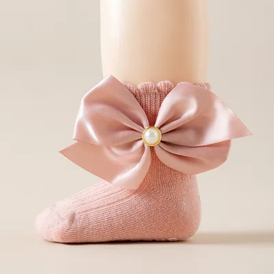 Kids Baby Girl Fashion Solid Color Cotton Lace Bowknot Mid-Calf Socks