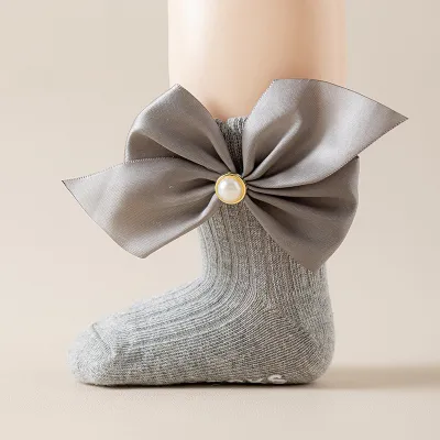 Kids Baby Girl Fashion Solid Color Cotton Lace Bowknot Mid-Calf Socks