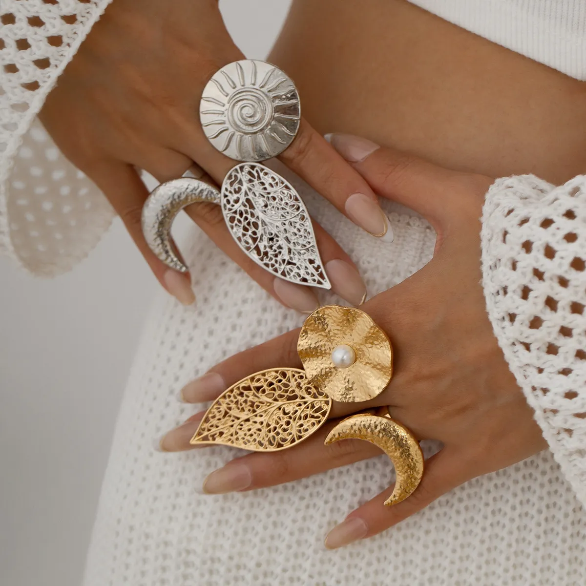 Women Fashion Retro Exaggerated Star Moon Open Ring