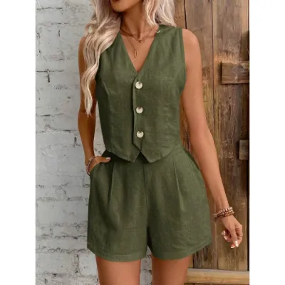 Women's Casual Sleeveless Button Tank Top with Loose Shorts Set - Solid Color