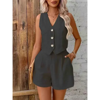 Women's Casual Sleeveless Button Tank Top with Loose Shorts Set - Solid Color