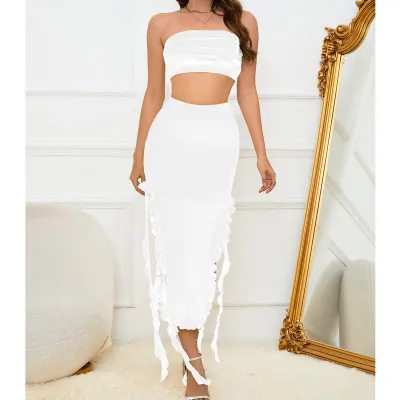 Women Fashion Sexy Solid Color Tube Top Irregular Tassel Skirt Two-Piece Set