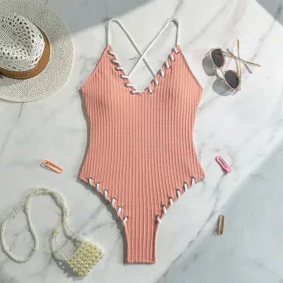 Women Sexy Solid Color Lace-Up One-Piece Swimsuit