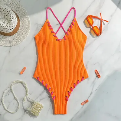 Women Sexy Solid Color Lace-Up One-Piece Swimsuit